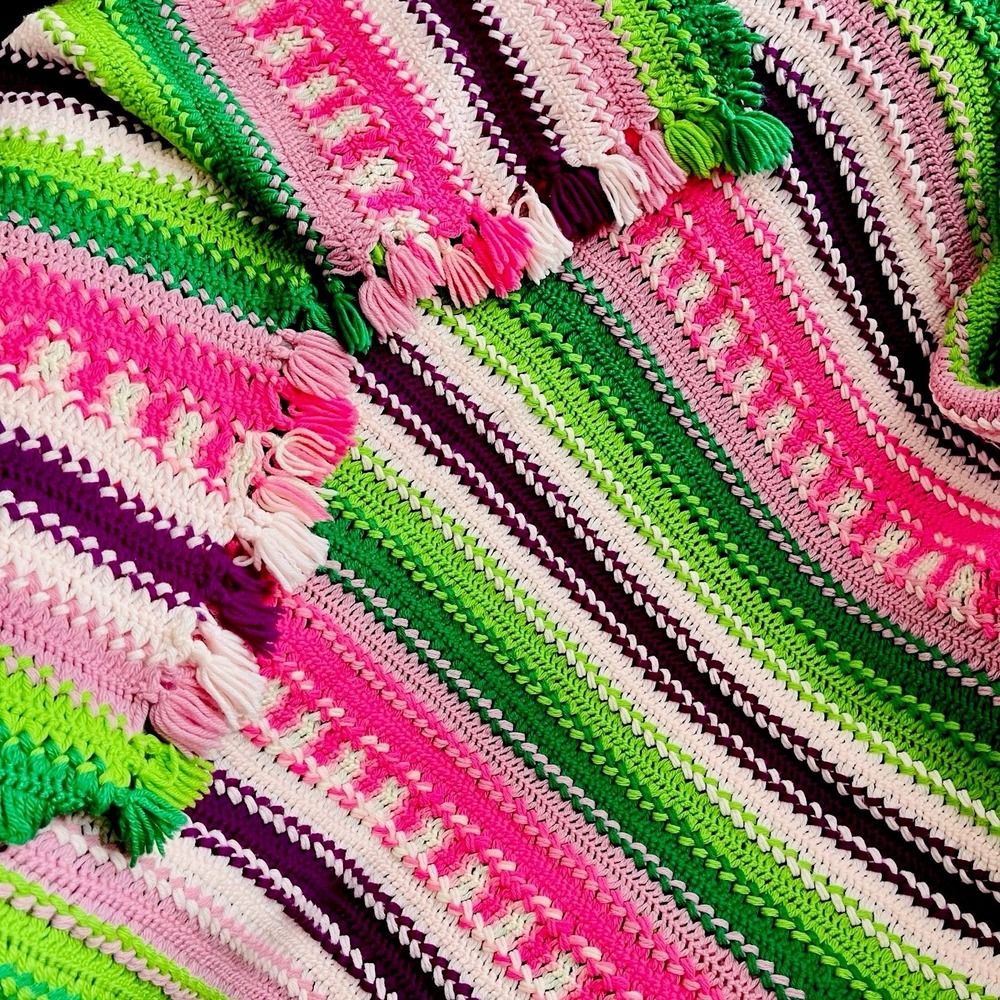 Handmade Crochet Blanket Vibrant Pink‎ Green Purple Stripes Unique Pattern 46x78